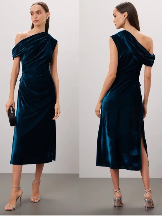 Shoshanna Dresses & Skirts - Shoshanna Grover blue green velvet one shoulder draped midi dress size 6 NWT